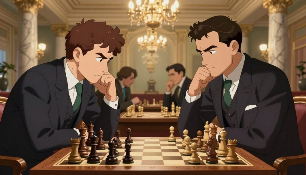 A dramatic scene of a historic chess championship match, featuring two intense players in professional business attire, deeply focused on the game. In the foreground, a beautifully crafted wooden chessboard, with ornate pieces depicting kings, queens, and knights, each placed in strategic positions. The middle layer showcases the players, one with a concentrated expression, contemplating his next move, while the other observes with a confident demeanor. Behind them, a grand ballroom setting exuding elegance, with soft golden lighting illuminating the scene, highlighting the intricate details of the chandeliers and marble columns. A sense of tension and determination fills the atmosphere, capturing the essence of high-stakes competition in the late 19th century. Image by Debsie.com.