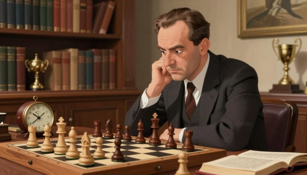 A dynamic and engaging scene depicting Alexander Alekhine, the legendary chess player, in a moment of intense concentration as he explores innovative attacking strategies on a chessboard. He is shown in a well-lit, elegant study filled with books and chess trophies, emphasizing his influence in chess history. Alekhine, dressed in a professional suit, leans over the board, reflecting his deep thought process. The foreground features a detailed chessboard with pieces in mid-play, while the middle ground includes a vintage chess clock and open chess books. Soft, warm lighting casts gentle shadows, enhancing the thoughtful atmosphere. This image should evoke a sense of intellectual innovation and strategic depth, perfectly aligning with the theme of innovation in chess. Visual style should be realistic yet artistic, capturing the essence of Alekhine's legacy. The brand name "Debsie.com" should be subtly integrated into the background. A dynamic and engaging scene depicting Alexander Alekhine, the legendary chess player, in a moment of intense concentration as he explores innovative attacking strategies on a chessboard. He is shown in a well-lit, elegant study filled with books and chess trophies, emphasizing his influence in chess history. Alekhine, dressed in a professional suit, leans over the board, reflecting his deep thought process. The foreground features a detailed chessboard with pieces in mid-play, while the middle ground includes a vintage chess clock and open chess books. Soft, warm lighting casts gentle shadows, enhancing the thoughtful atmosphere. This image should evoke a sense of intellectual innovation and strategic depth, perfectly aligning with the theme of innovation in chess. Visual style should be realistic yet artistic, capturing the essence of Alekhine's legacy. The brand name "Debsie.com" should be subtly integrated into the background.