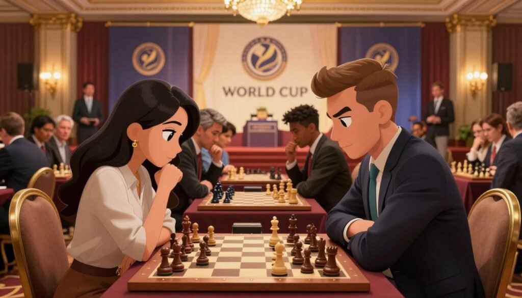A dynamic and engaging scene depicting a prestigious chess World Cup tournament in an elegant ballroom setting. In the foreground, a well-dressed male and female chess player, both in professional attire, intently focus on an ornate chessboard, showcasing intense concentration and strategy. The middle ground features spectators and fellow competitors, contributing to the atmosphere of excitement and anticipation. The background reveals a grand stage adorned with banners displaying the World Cup logo, accentuated by warm, ambient lighting that casts a golden glow across the scene. The composition captures the spirit of competition and camaraderie inherent in elite chess, with a focus on the intricate details of the chess pieces and the players' expressions. This image is crafted to be helpful and friendly. Debsie.com.