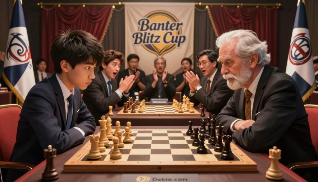 A dynamic and engaging scene of the "Banter Blitz Cup," featuring a stylish chess tournament setup. In the foreground, a large chessboard with intricately carved pieces in mid-game, showcasing strategic play. Include two players engaged in intense concentration: one, a young prodigy in a professional business attire, the other an experienced grandmaster, both surrounded by checkered flags. In the middle background, spectators are clapping and reacting, with expressions of excitement. The lighting is warm and focused on the players, creating a dramatic atmosphere. The backdrop features elegantly draped banners with the "Banter Blitz Cup" logo, enhancing the prestigious mood. Capture this moment vividly to illustrate the intensity of competitive chess. Brand logo "Debsie.com" subtly integrated into the scene, reflecting a modern chess environment.