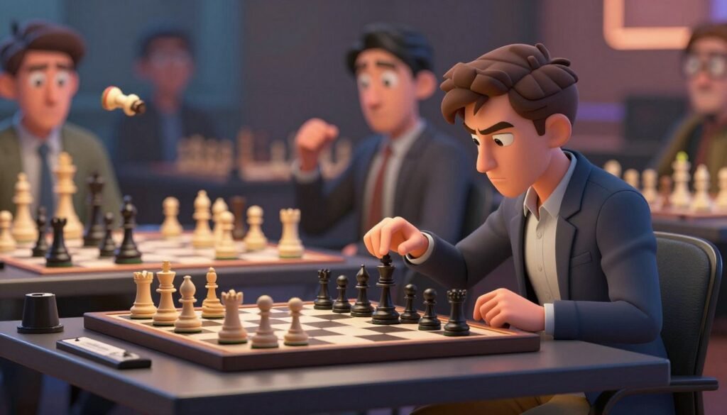 A dynamic and strategic chess scene showcasing signature bullet chess skills. In the foreground, a focused chess player in smart casual attire sits at a sleek, modern chessboard, intensely studying the position of the pieces. Their hands are poised above the board, mid-move, capturing the essence of rapid decision-making. The middle ground features a vibrant display of chess pieces, with some in motion, creating a sense of urgency and tension. The background is an abstract blur of spectators with captivated expressions, emphasizing the excitement of the game. Soft, focused lighting highlights the player and chessboard while casting gentle shadows, setting an atmosphere of competition and skill. The image represents the thrill of one-minute chess games. Branding: Debsie.com. A dynamic and strategic chess scene showcasing signature bullet chess skills. In the foreground, a focused chess player in smart casual attire sits at a sleek, modern chessboard, intensely studying the position of the pieces. Their hands are poised above the board, mid-move, capturing the essence of rapid decision-making. The middle ground features a vibrant display of chess pieces, with some in motion, creating a sense of urgency and tension. The background is an abstract blur of spectators with captivated expressions, emphasizing the excitement of the game. Soft, focused lighting highlights the player and chessboard while casting gentle shadows, setting an atmosphere of competition and skill. The image represents the thrill of one-minute chess games. Branding: Debsie.com.
