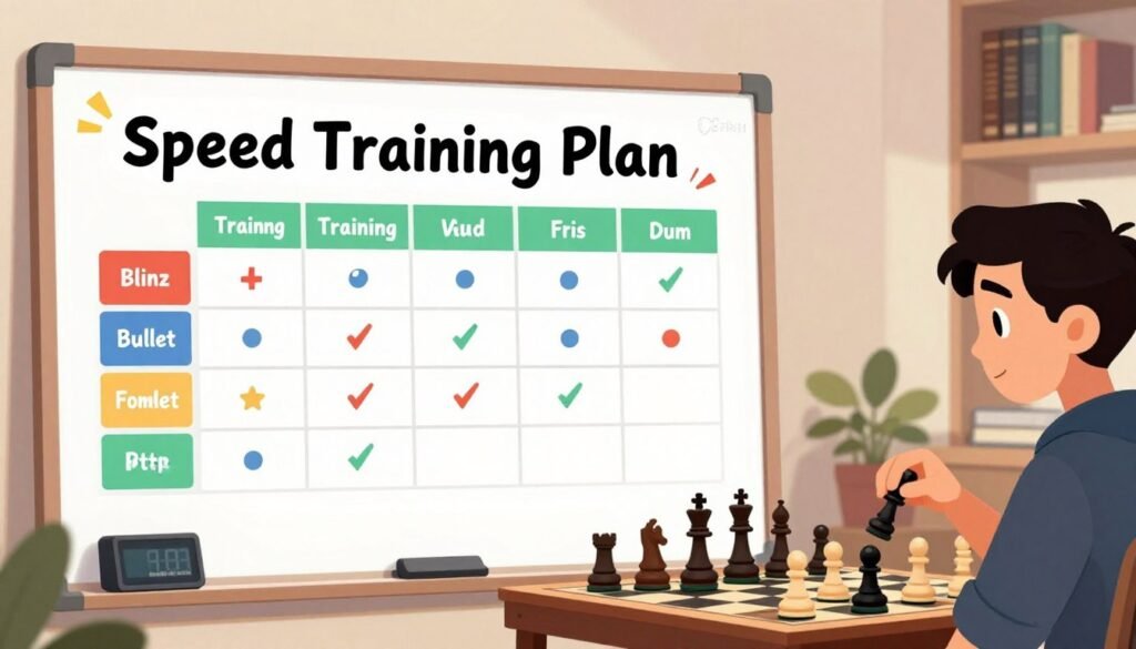A dynamic and visually engaging illustration of a "Speed Training Plan" for chess enthusiasts, designed to evoke a sense of focus and determination. In the foreground, a meticulously organized training schedule on a bright whiteboard featuring color-coded sections for different training activities. Include chess pieces and a digital timer nearby to emphasize the blitz and bullet format. In the middle ground, a chessboard set up for practice with a tactical position. The background shows a well-lit environment, subtly suggesting a cozy yet professional study or training space, with bookshelves lined with chess literature. Soft, warm lighting creates an inviting atmosphere that encourages focus and study. Visually branded with the logo "Debsie.com" discreetly integrated into the training material.