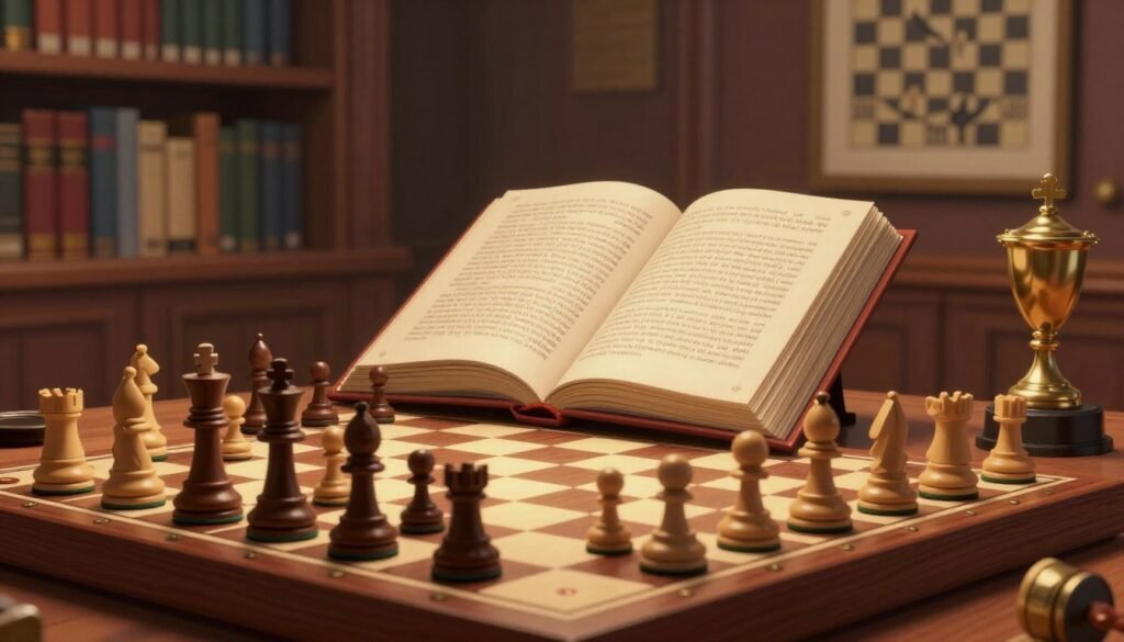 A dynamic chess scene capturing records of chess greatness in a sleek and professional setting. In the foreground, a stylish chessboard is elegantly arranged with an assortment of chess pieces, some in mid-move. In the middle, an open, richly illustrated book displays historic chess records, alongside a trophy symbolizing achievement. The background features a blurred library filled with books and chess-related artwork, giving a scholarly atmosphere. Warm, focused lighting highlights the chess pieces and the book, casting subtle shadows that enhance depth. The mood is inspiring and reflective, conveying the importance of chess as a strategic and intellectual game. Ideal for illustrating the legacy of chess. Captured as if viewed through a professional lens, showcasing clarity and detail. Image by Debsie.com.