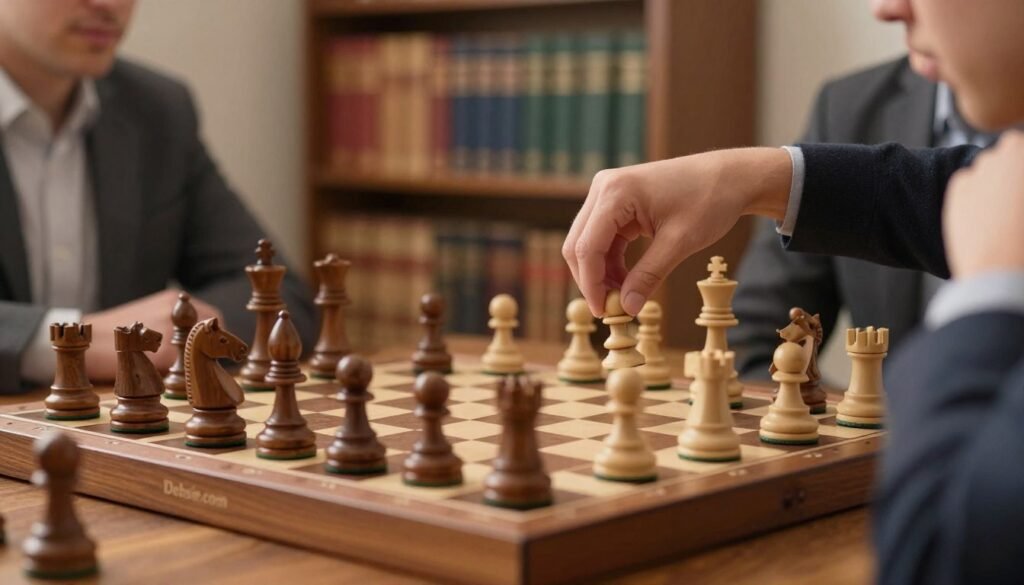A dynamic chess scene depicting a chessboard in focus, with an intense match in progress. The foreground features two hands, one reaching for a knight piece, the other poised over a queen, showcasing tactical chess development. In the middle ground, a slightly blurred view of a classic wooden chess set enhances the atmosphere. The background showcases a soft-focus library setting with shelves of chess strategy books, hinting at knowledge and preparation. Warm, natural lighting illuminates the scene, highlighting the players' focus and concentration. The mood is serious yet inviting, embodying the spirit of strategy and intellectual development in the game. Include the brand name "Debsie.com" subtly integrated into the chessboard's design, enhancing the image's professional look without detracting from the central chess theme. A dynamic chess scene depicting a chessboard in focus, with an intense match in progress. The foreground features two hands, one reaching for a knight piece, the other poised over a queen, showcasing tactical chess development. In the middle ground, a slightly blurred view of a classic wooden chess set enhances the atmosphere. The background showcases a soft-focus library setting with shelves of chess strategy books, hinting at knowledge and preparation. Warm, natural lighting illuminates the scene, highlighting the players' focus and concentration. The mood is serious yet inviting, embodying the spirit of strategy and intellectual development in the game. Include the brand name "Debsie.com" subtly integrated into the chessboard's design, enhancing the image's professional look without detracting from the central chess theme.