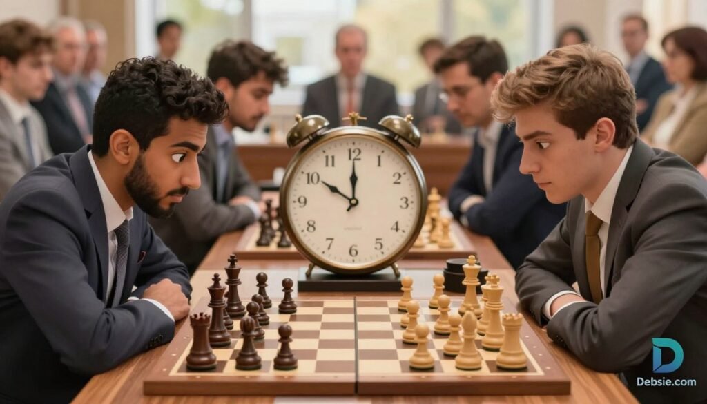 A dynamic chess scene depicting a fast-paced rapid blitz game in progress. In the foreground, a close-up of two focused players, one of Middle Eastern descent and the other of Caucasian descent, dressed in professional attire, intensely studying the board, their expressions reflecting concentration and creativity. The chessboard is artfully arranged with various pieces in mid-action, some toppled to convey urgency. The middle layer shows a clock looming over the chessboard, its hands racing against time. In the background, a blurred audience filled with onlookers, filled with anticipation. Soft, natural lighting creates a warm atmosphere while enhancing the intensity of the moment. The overall mood is energetic and inspiring, showcasing the essence of fast-paced chess strategy. Logo subtly placed in the corner: Debsie.com.