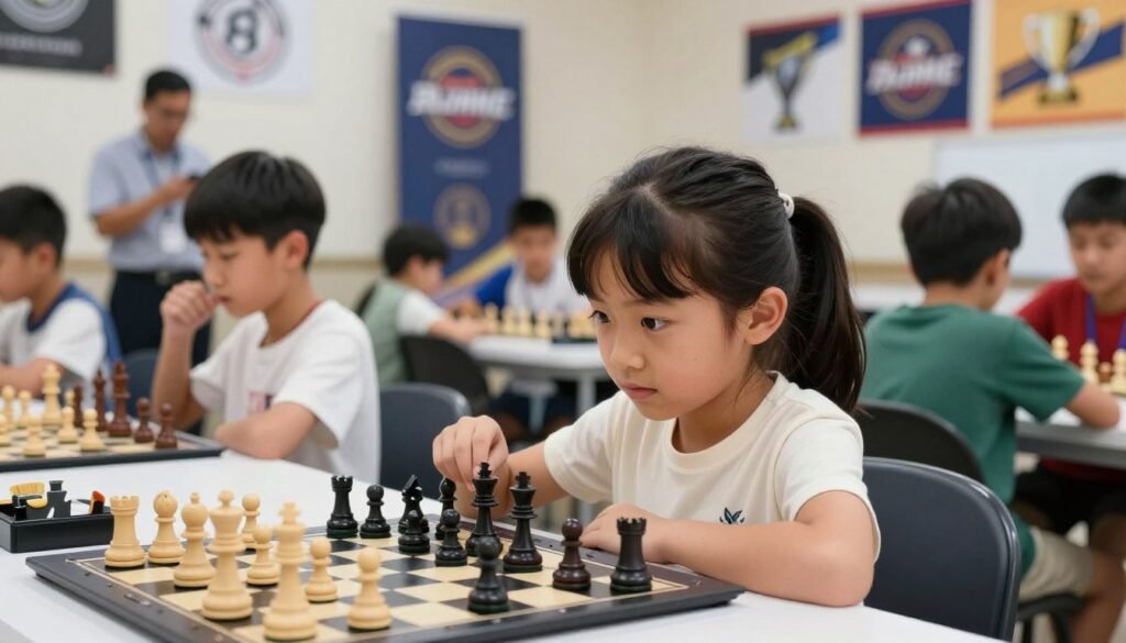 A dynamic chess scene depicting a junior girl enthusiastically participating in a rapid blitz tournament. In the foreground, a focused young girl, dressed in modest casual clothing, is intensely concentrating on her chessboard, her fingers poised over a piece. She has expressive eyes that reflect determination. The middle ground reveals a bustling tournament setting with other young competitors engaged in their games, some cheering, and a few advisors by their sides. In the background, banners showcasing different chess clubs and trophies are visible. The lighting is bright and natural, providing a lively atmosphere. A depth-of-field effect emphasizes the girl in the foreground, while soft bokeh enhances the excitement of the event. This image captures the competitive yet friendly essence of junior chess tournaments. Designed for use in an article by Debsie.com. A dynamic chess scene depicting a junior girl enthusiastically participating in a rapid blitz tournament. In the foreground, a focused young girl, dressed in modest casual clothing, is intensely concentrating on her chessboard, her fingers poised over a piece. She has expressive eyes that reflect determination. The middle ground reveals a bustling tournament setting with other young competitors engaged in their games, some cheering, and a few advisors by their sides. In the background, banners showcasing different chess clubs and trophies are visible. The lighting is bright and natural, providing a lively atmosphere. A depth-of-field effect emphasizes the girl in the foreground, while soft bokeh enhances the excitement of the event. This image captures the competitive yet friendly essence of junior chess tournaments. Designed for use in an article by Debsie.com.