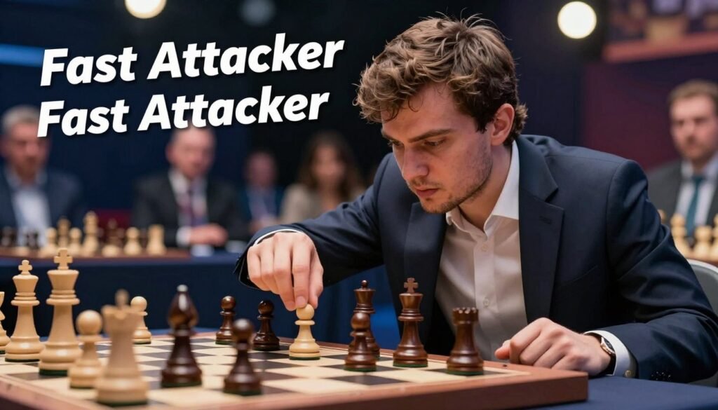 A dynamic chess scene featuring Ian Nepomniachtchi in action, showcasing his aggressive playing style as a "Fast Attacker." In the foreground, Ian, dressed in professional business attire, is intensely focused on the chessboard, with his hand poised to make a lightning-fast move. The middle ground includes a close-up view of the chess pieces, highlighting an intense game in progress, with pieces in strategic positions. The background features a blurred chess tournament atmosphere, with spectators engaged and lights casting a warm glow, emphasizing tension and excitement. The overall mood is charged and dramatic, symbolizing Ian’s chess prowess. The image should exude an air of focus and intensity, capturing the essence of a chess champion at work. Debsie.com.