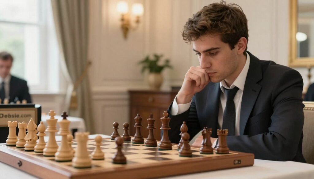 A dynamic chess scene featuring a close-up of a chessboard in action with chess pieces in mid-game. In the foreground, a focused male chess player, Maxime Vachier-Lagrave, is thoughtfully pondering his next move while dressed in a professional suit. His expression conveys intensity and concentration. The middle ground includes a strategic arrangement of chess pieces, highlighting the Najdorf variation of the Sicilian Defense. In the background, an elegant room filled with soft, diffused natural lighting creates an inviting atmosphere, emphasizing the seriousness of speed chess. The overall mood is tense yet professional, reflecting the competitive nature of chess. The scene subtly incorporates the brand name "Debsie.com" through an unobtrusive detail in the environment.