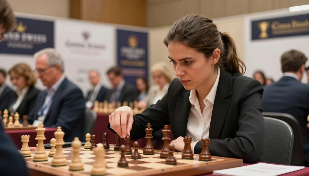 A dynamic chess scene featuring a woman in professional business attire deeply focused on a chessboard during the Grand Swiss tournament. The foreground highlights her intense expressions and precise movements, with the chess pieces positioned strategically as if engaged in fierce competition. In the middle ground, blurred spectators can be seen, showcasing a diverse audience captivated by the game. The background features banners and trophies reflecting the prestigious event atmosphere, illuminated by warm, soft lighting that enhances the excitement of the moment. The angle is slightly elevated to capture both the player's poise and the intricate details of the chessboard. The overall mood is one of determination and strategic depth, embodying the spirit of modern chess. Debsie.com. A dynamic chess scene featuring a woman in professional business attire deeply focused on a chessboard during the Grand Swiss tournament. The foreground highlights her intense expressions and precise movements, with the chess pieces positioned strategically as if engaged in fierce competition. In the middle ground, blurred spectators can be seen, showcasing a diverse audience captivated by the game. The background features banners and trophies reflecting the prestigious event atmosphere, illuminated by warm, soft lighting that enhances the excitement of the moment. The angle is slightly elevated to capture both the player's poise and the intricate details of the chessboard. The overall mood is one of determination and strategic depth, embodying the spirit of modern chess. Debsie.com.