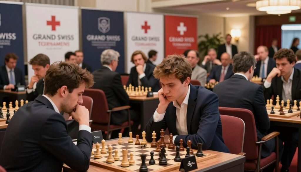 A dynamic chess scene featuring the Grand Swiss tournament in a vibrant, upscale venue. In the foreground, a well-dressed chess player, deep in thought, examines a board with intense focus. The middle ground showcases a large crowd of spectators, all dressed in professional attire, eagerly observing the game, with expressions of anticipation and excitement. Behind them, elegant banners display logos and colors emblematic of the Grand Swiss event, giving a sense of prestige. Soft, ambient lighting casts a warm glow throughout the scene, enhancing the competitive yet friendly atmosphere. The image captures the essence of modern chess dynamics and the thrill of competition. Ideal for illustrating contemporary chess events. Create a professional look and feel, incorporating the brand name "Debsie.com" subtly within the imagery.