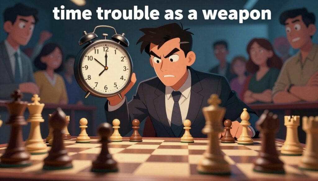 A dynamic chess scene illustrating "time trouble as a weapon," featuring a chessboard in the foreground with pieces in mid-move, reflecting urgency. In the middle, a focused chess player, dressed in professional business attire, glances at a ticking clock, showing intense concentration as time runs low. Surrounding them, hints of a vibrant crowd in a blurred background, capturing the tension of a competitive atmosphere. Warm, dramatic lighting highlights the player's expression, while cooler tones suggest the ticking clock's pressure. A subtle effect of time distortion can be created by blurring the edges, adding to the urgency. This composition should evoke a sense of excitement and strategy. Debsie.com