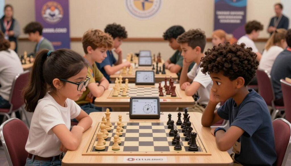 A dynamic chess tournament scene featuring a diverse group of young chess players showcasing determination and focus. In the foreground, two talented players, a young girl with glasses and a boy with curly hair, engage in an intense match, both dressed in smart casual attire. The middle ground reveals additional youthful competitors, each displaying unique expressions of concentration and strategy as they study their boards. The background shows a bustling tournament setting with spectators, banners, and chess clocks prominently placed. Soft, ambient lighting casts a warm, inviting glow, capturing the excitement of the event. The atmosphere is vibrant and motivational, reflecting the energy and ambition of rising stars and record-chasers in the world of chess. This image illustrates the essence of youthful passion and dedication in the pursuit of excellence. Debsie.com. A dynamic chess tournament scene featuring a diverse group of young chess players showcasing determination and focus. In the foreground, two talented players, a young girl with glasses and a boy with curly hair, engage in an intense match, both dressed in smart casual attire. The middle ground reveals additional youthful competitors, each displaying unique expressions of concentration and strategy as they study their boards. The background shows a bustling tournament setting with spectators, banners, and chess clocks prominently placed. Soft, ambient lighting casts a warm, inviting glow, capturing the excitement of the event. The atmosphere is vibrant and motivational, reflecting the energy and ambition of rising stars and record-chasers in the world of chess. This image illustrates the essence of youthful passion and dedication in the pursuit of excellence. Debsie.com.