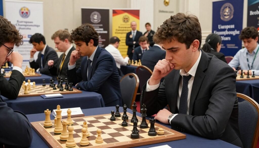 A dynamic chess tournament scene set in a prestigious hall filled with spectators, highlighting prominent chessboards and intense games in progress. In the foreground, a focused chess player, dressed in professional business attire, studies the board intently, their expression showing determination and strategy. The middle ground features other competitors engaged in matches, showcasing a mix of emotions from concentration to tension. The background displays banners for the European Championship and other accolades, creating an atmosphere of achievement. Soft, ambient lighting illuminates the room, emphasizing the seriousness of the competition. Capture this moment with a slightly low angle to convey the importance of the tournament, evoking a sense of prestige and excitement. Inspired by the essence of elite chess tournaments, this image reflects the "Breakthrough Years". Debsie.com.