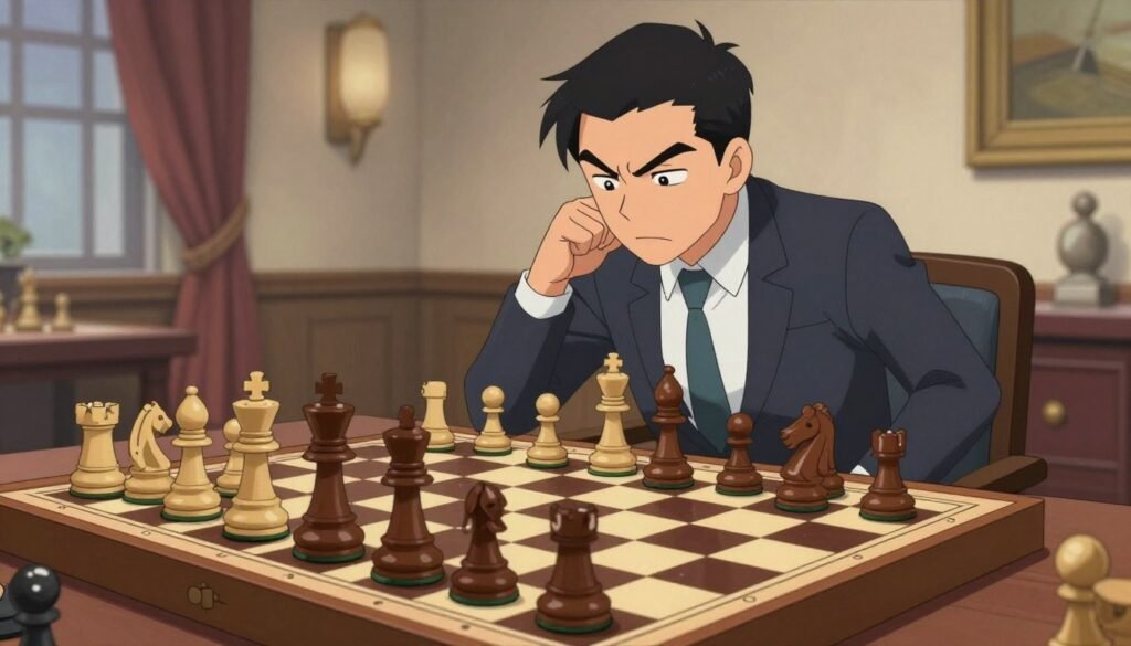 A dynamic chessboard positioned prominently in the foreground, displaying various classic chess openings with pieces in mid-play, such as the Sicilian Defense and King's Gambit. In the middle ground, a focused player of Asian descent, dressed in professional business attire, studies the board intently, highlighting determination and strategic thinking. The background features an elegant chess-themed room with soft lighting, accentuating the mood of intense concentration and intellectual challenge. The overall atmosphere communicates an air of speed and agility in thought, emphasizing the essence of blitz chess. The composition should be framed at eye level, showcasing the intricate details of the chess pieces and board. This image is brought to you by Debsie.com.