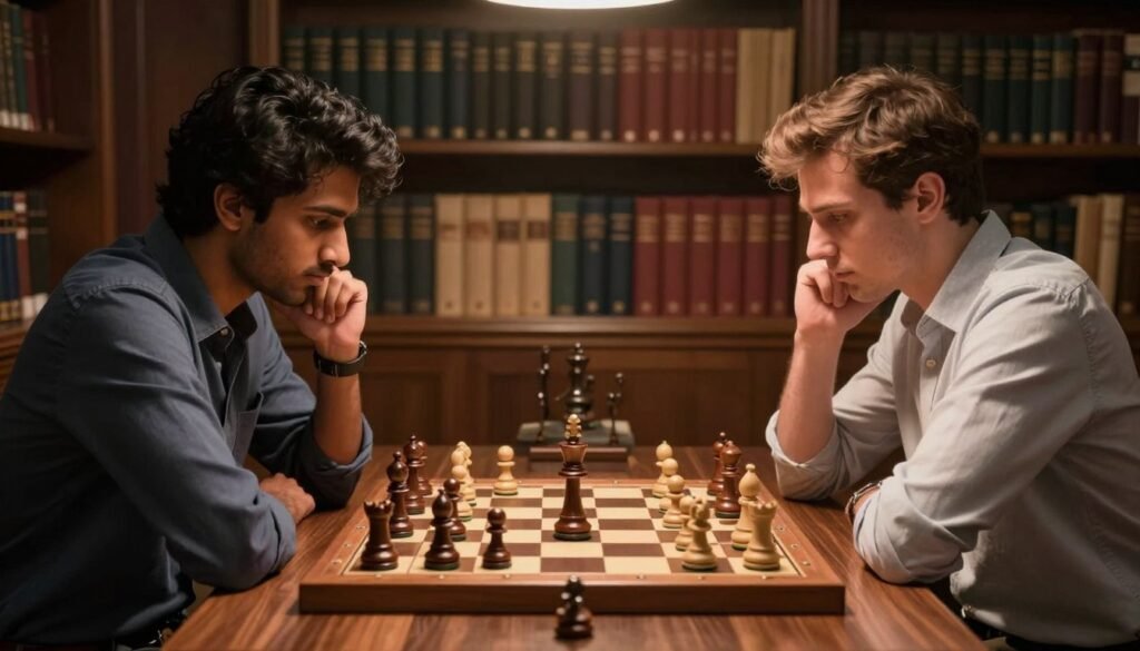 A dynamic chessboard scene depicting a King's Indian Attack in action. In the foreground, two focused players, one South Asian and one Caucasian, are deep in thought, examining a complex position with their pieces. Both are dressed in smart casual attire, exuding concentration and determination. In the middle ground, a classic wooden chessboard with beautifully crafted pieces is illuminated by warm, ambient lighting that highlights the intricate details of the game. The background features shelves filled with chess books, suggesting an atmosphere of knowledge and strategy, while soft shadows create depth and enhance the scene's intimacy. The overall mood is intense but welcoming, ideal for a productive study environment at Debsie.com, showcasing the brilliance of the King's Indian Attack in chess openings. A dynamic chessboard scene depicting a King's Indian Attack in action. In the foreground, two focused players, one South Asian and one Caucasian, are deep in thought, examining a complex position with their pieces. Both are dressed in smart casual attire, exuding concentration and determination. In the middle ground, a classic wooden chessboard with beautifully crafted pieces is illuminated by warm, ambient lighting that highlights the intricate details of the game. The background features shelves filled with chess books, suggesting an atmosphere of knowledge and strategy, while soft shadows create depth and enhance the scene's intimacy. The overall mood is intense but welcoming, ideal for a productive study environment at Debsie.com, showcasing the brilliance of the King's Indian Attack in chess openings.