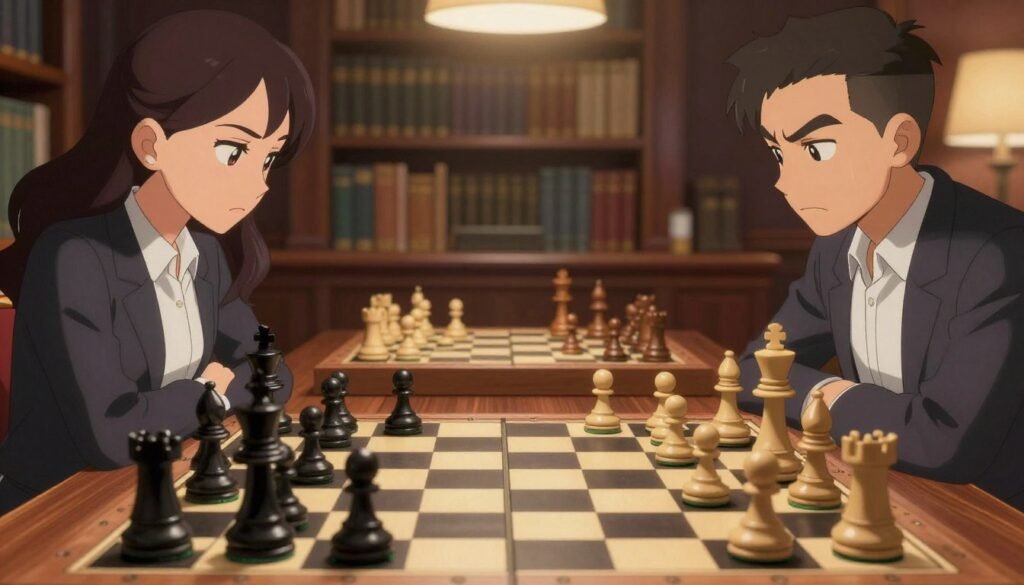 A dynamic chessboard scene featuring a close-up of a high-stakes game showcasing the Najdorf Variation of the Sicilian Defense. In the foreground, focus on a classic black and white chessboard with intricately designed pieces poised in an intense position. The middle layer showcases two chess players, a man and a woman, dressed in professional attire, deeply focused on the board. Their expressions convey concentration and strategy, reflecting the mood of competitive chess. The background includes a softly blurred library or study setting with warm lighting that enhances the atmosphere of intellectual challenge and passion for chess. The overall image radiates sophistication, strategy, and the thrill of the game. Brand name: Debsie.com.