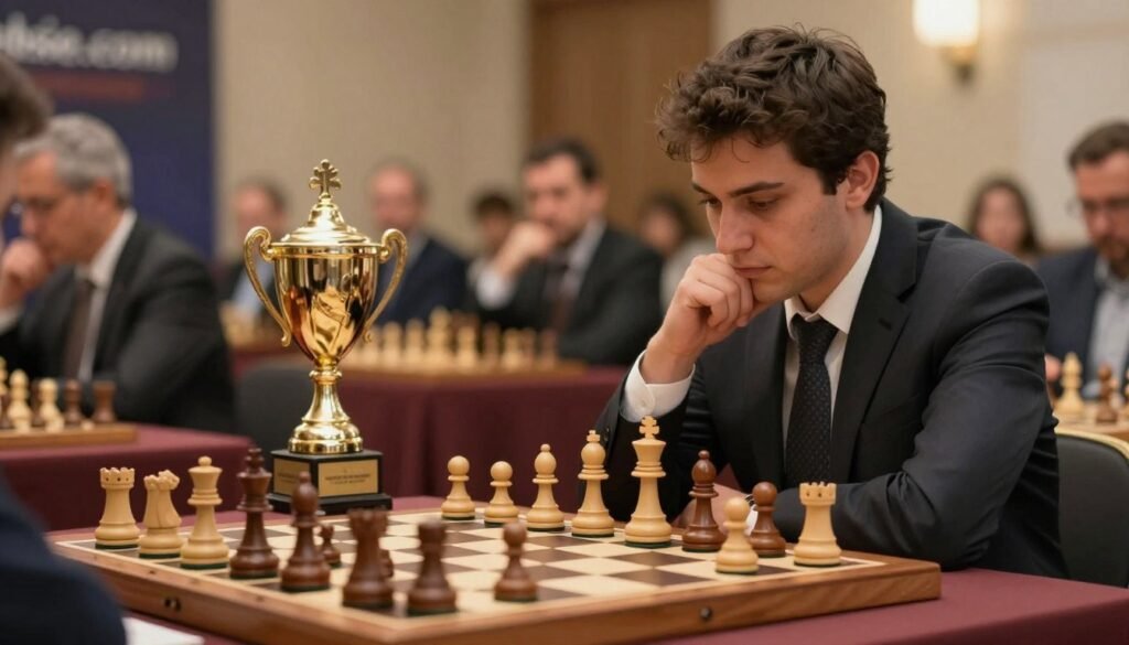 A dynamic chessboard scene showcasing a professional male chess player in business attire, focused and contemplative. The foreground features an elegant wooden chess set, pieces strategically arranged, symbolizing powerful moves and strategic depth. In the middle ground, an aged and intricate chess trophy glistens under warm, soft lighting, representing the peak of achievement. The background features blurred images of chess enthusiasts and viewers, creating a sense of engagement and anticipation. The atmosphere is intense yet inspiring, reflecting the pinnacle of competitive achievement in chess. Use a shallow depth of field to draw attention to the chessboard and trophy. This image should convey the essence of triumph and milestones in chess, with a subtle brand mention of "Debsie.com" integrated into the scene.