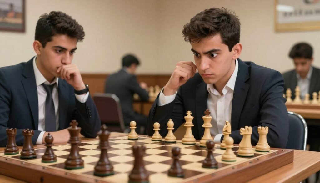A dynamic chessboard scene showcasing an intense game in progress. In the foreground, a close-up of the chess pieces captures the moment of an aggressive move—perhaps a rook or bishop poised to capture an opponent's piece, emphasizing initiative and strategy. The middle ground features two players, one of Armenian descent, deep in concentration, wearing professional attire with subtle expressions of determination and creative thought. The background features a softly blurred chess club ambiance with wooden tables and warm lighting, creating an inviting atmosphere. A sense of tension and excitement fills the air, reflecting the genius of tactical sacrifices in chess. Render this image with a slight depth of field to accentuate the chessboard. Designed for Debsie.com.