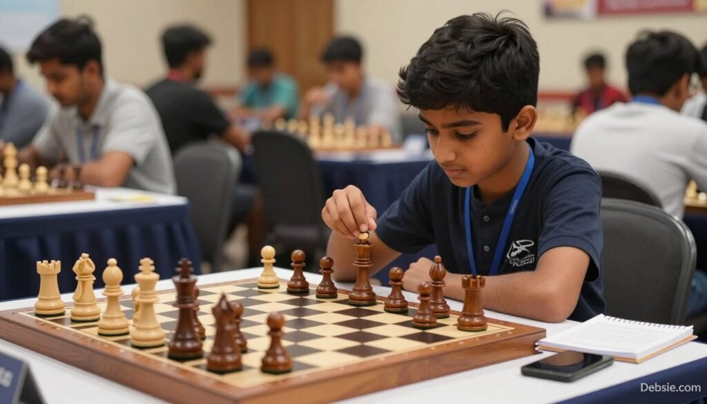 A dynamic chessboard scene showcasing the brilliance of R Praggnanandhaa's best games. In the foreground, a sleek chessboard with elegant wooden pieces is set up in mid-game, pieces strategically positioned to reflect an intense match. Visible details like the sheen of the polished board and the texture of the chess pieces enhance realism. The middle background features an enthusiastic young chess player, dressed in modest casual clothing, deeply focused as they study the game moves, with a notepad and chess analysis tools nearby. Soft, warm lighting creates an inviting atmosphere, highlighting the intensity of the moment. The background fades into a blurred chess tournament setting, filled with spectators and other players. This image evokes a sense of learning and strategic thinking, perfectly illustrating the essence of mastering chess through Praggnanandhaa’s celebrated games. Branding incorporated: "Debsie.com".