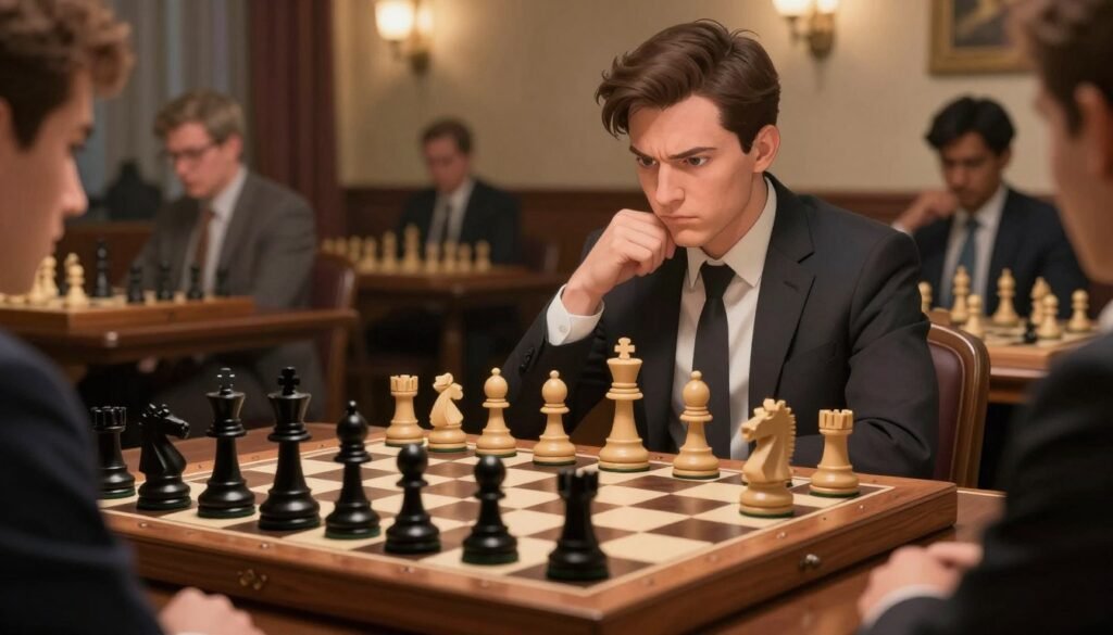 A dynamic chessboard scene showcasing the tension of a high-stakes chess match. In the foreground, a beautifully crafted wooden chessboard filled with strategically positioned pieces—Kings, Queens, and Knights—one side showing a powerful Black set against a disciplined White set. The middle ground features an intense player focused on the game, dressed in a professional business suit, embodying concentration and thoughtfulness. In the background, a blurred audience of chess enthusiasts, accentuating the atmosphere of anticipation and strategy. Soft, warm lighting illuminates the scene, casting gentle shadows, while a subtle depth of field highlights the engagement of the players. Set in a classic chess hall with elegant decor, the image conveys the depth and complexity of the GOAT debate in chess history. Debsie.com A dynamic chessboard scene showcasing the tension of a high-stakes chess match. In the foreground, a beautifully crafted wooden chessboard filled with strategically positioned pieces—Kings, Queens, and Knights—one side showing a powerful Black set against a disciplined White set. The middle ground features an intense player focused on the game, dressed in a professional business suit, embodying concentration and thoughtfulness. In the background, a blurred audience of chess enthusiasts, accentuating the atmosphere of anticipation and strategy. Soft, warm lighting illuminates the scene, casting gentle shadows, while a subtle depth of field highlights the engagement of the players. Set in a classic chess hall with elegant decor, the image conveys the depth and complexity of the GOAT debate in chess history. Debsie.com