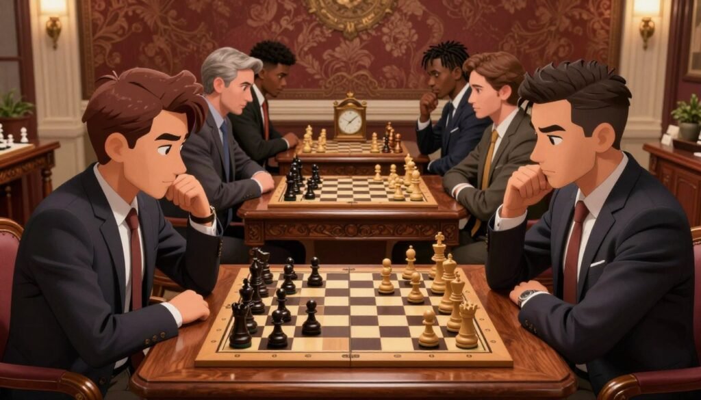A dynamic chessboard set in a well-lit, elegant room, showcasing an intense game of chess featuring a diverse group of players deeply focused on their strategies. In the foreground, a chessboard with a complex position, prominently displaying the Sicilian Defense with the pieces poised for the Yugoslav Attack. The players are dressed in smart business attire, reflecting a professional atmosphere. In the middle, a classic wooden chess table adorned with intricately carved details, and a clock ticking away, enhancing the sense of urgency. The background features a rich wallpaper with subtle patterns and warm lighting illuminating the scene, creating a tense yet captivating mood. The overall image evokes a sense of strategy, concentration, and classic chess rivalry, ideal for illustrating tactical discussions. Debsie.com.