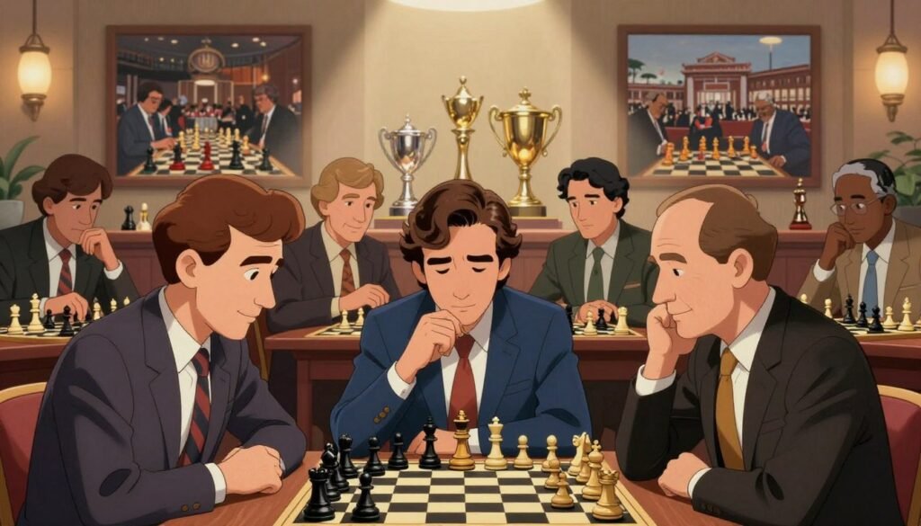 A dynamic composition showcasing the best chess players from the 1970s to 2020s, capturing their essence in a stylish setting. In the foreground, a diverse group of three famous chess players from different eras—dressed in professional business attire—concentrating over a chessboard. The middle layer features elements symbolizing landmark chess moments, including classic tournaments and trophies, subtly integrated into the scene. The background illustrates a blending of chess clubs and iconic venues, framed by soft, ambient lighting to evoke a sense of nostalgia. The atmosphere is vibrant yet focused, reflecting the deep concentration and passion of chess. The entire scene conveys a warm, inviting mood, emphasizing the timeless nature of the game. Debsie.com A dynamic composition showcasing the best chess players from the 1970s to 2020s, capturing their essence in a stylish setting. In the foreground, a diverse group of three famous chess players from different eras—dressed in professional business attire—concentrating over a chessboard. The middle layer features elements symbolizing landmark chess moments, including classic tournaments and trophies, subtly integrated into the scene. The background illustrates a blending of chess clubs and iconic venues, framed by soft, ambient lighting to evoke a sense of nostalgia. The atmosphere is vibrant yet focused, reflecting the deep concentration and passion of chess. The entire scene conveys a warm, inviting mood, emphasizing the timeless nature of the game. Debsie.com