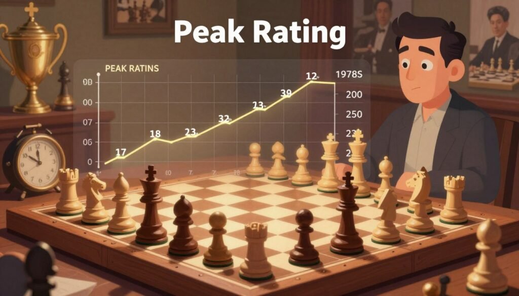 A dynamic illustration depicting the concept of "Peak Rating" in chess, showcasing a stylized chessboard in the foreground with an array of chess pieces set up for a game. The middle ground should feature a transparent graph overlay showing peak ratings over time, with highlighted numbers representing notable players' highest achievements. In the background, a subtle blend of iconic chess elements, such as trophies, clocks, and historical photographs of famous chess matches from the 1970s to the 2020s. The lighting should be warm and inviting, evoking a sense of nostalgia, while the angle captures the chessboard from above, emphasizing strategy. The atmosphere should be focused and contemplative, perfect for reflecting on the nuances of chess ratings. Produced for Debsie.com. A dynamic illustration depicting the concept of "Peak Rating" in chess, showcasing a stylized chessboard in the foreground with an array of chess pieces set up for a game. The middle ground should feature a transparent graph overlay showing peak ratings over time, with highlighted numbers representing notable players' highest achievements. In the background, a subtle blend of iconic chess elements, such as trophies, clocks, and historical photographs of famous chess matches from the 1970s to the 2020s. The lighting should be warm and inviting, evoking a sense of nostalgia, while the angle captures the chessboard from above, emphasizing strategy. The atmosphere should be focused and contemplative, perfect for reflecting on the nuances of chess ratings. Produced for Debsie.com.