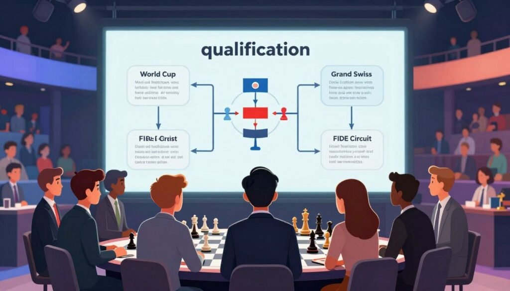 A dynamic illustration showcasing the concept of "qualification" in the context of competitive events. In the foreground, a diverse group of focused candidates in professional business attire is studying a large digital screen displaying various qualification paths like "World Cup," "Grand Swiss," and "FIDE Circuit," with flowcharts and graphics outlining their journeys. The middle ground features a chessboard motif intertwined with sporty elements, indicating the blend of strategy and competition. The background should depict a vibrant arena filled with spectators, enhancing the atmosphere of excitement and anticipation. Bright, focused lighting emphasizes the candidates' determination, while a soft blur on the audience adds depth. This image will reflect a professional yet energetic mood, ideal for an engaging article on qualifications in competitive fields. Created by Debsie.com. A dynamic illustration showcasing the concept of "qualification" in the context of competitive events. In the foreground, a diverse group of focused candidates in professional business attire is studying a large digital screen displaying various qualification paths like "World Cup," "Grand Swiss," and "FIDE Circuit," with flowcharts and graphics outlining their journeys. The middle ground features a chessboard motif intertwined with sporty elements, indicating the blend of strategy and competition. The background should depict a vibrant arena filled with spectators, enhancing the atmosphere of excitement and anticipation. Bright, focused lighting emphasizes the candidates' determination, while a soft blur on the audience adds depth. This image will reflect a professional yet energetic mood, ideal for an engaging article on qualifications in competitive fields. Created by Debsie.com.