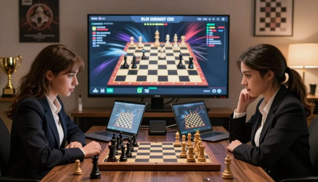 A dynamic online chess scene showcasing an intense match between two skilled women players, seated at modern laptops in a sleek, contemporary setting. In the foreground, capture the players in professional business attire, their focused expressions illuminated by the soft glow of computer screens reflecting chessboards. The middle ground features a vibrant digital display of rapid chess moves, with pieces in motion, highlighting their speed and skill. In the background, blurred elements of a cozy home office environment, adorned with chess trophies and motivational posters, create an atmosphere of dedication and ambition. The warm, inviting lighting adds a sense of urgency and excitement. The image should embody the essence of competitive women’s blitz chess, illustrating their prowess and quick decision-making. Debsie.com. A dynamic online chess scene showcasing an intense match between two skilled women players, seated at modern laptops in a sleek, contemporary setting. In the foreground, capture the players in professional business attire, their focused expressions illuminated by the soft glow of computer screens reflecting chessboards. The middle ground features a vibrant digital display of rapid chess moves, with pieces in motion, highlighting their speed and skill. In the background, blurred elements of a cozy home office environment, adorned with chess trophies and motivational posters, create an atmosphere of dedication and ambition. The warm, inviting lighting adds a sense of urgency and excitement. The image should embody the essence of competitive women’s blitz chess, illustrating their prowess and quick decision-making. Debsie.com.