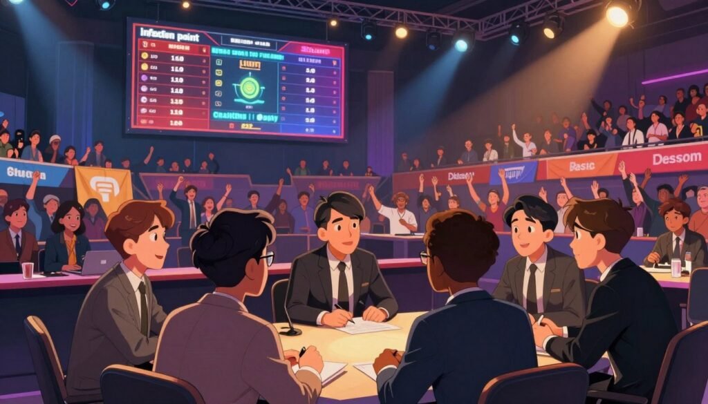 A dynamic scene capturing the essence of an "inflection point" in a competitive tournament environment, set in April 2026. In the foreground, a diverse group of professional players in sharp, business attire, engaged in intense discussion, portraying determination and strategy. The middle ground features a vibrant arena filled with excited spectators, with banners and flags representing various teams. The background illustrates a digital scoreboard displaying crucial game statistics, glowing with bright colors under arena spotlights. Use warm, focused lighting to highlight the expressions of the players and the electric atmosphere of the crowd. The angle should be slightly elevated, giving an overview of the interaction and energy, evoking a sense of momentum and pivotal moments in competition. No text or logos present, ensure the image conveys a strong, positive competitive spirit. Include "Debsie.com" in the composition seamlessly. A dynamic scene capturing the essence of an "inflection point" in a competitive tournament environment, set in April 2026. In the foreground, a diverse group of professional players in sharp, business attire, engaged in intense discussion, portraying determination and strategy. The middle ground features a vibrant arena filled with excited spectators, with banners and flags representing various teams. The background illustrates a digital scoreboard displaying crucial game statistics, glowing with bright colors under arena spotlights. Use warm, focused lighting to highlight the expressions of the players and the electric atmosphere of the crowd. The angle should be slightly elevated, giving an overview of the interaction and energy, evoking a sense of momentum and pivotal moments in competition. No text or logos present, ensure the image conveys a strong, positive competitive spirit. Include "Debsie.com" in the composition seamlessly.