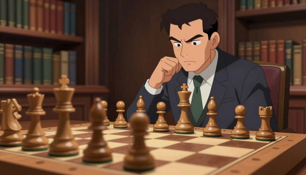 A dynamic scene capturing the essence of "predator tactics" in chess, featuring a close-up of a chessboard in the foreground, with intricately detailed wooden pieces poised in an aggressive formation. In the middle ground, a focused chess player, a man in a smart business suit, contemplates his next move, embodying intense concentration and strategy. The background shows a dimly-lit library filled with books on chess strategy, creating an academic atmosphere. Soft, warm lighting highlights the chess pieces and the player's face, casting subtle shadows to enhance the mood of tension and anticipation. The image should evoke a sense of mastery and cerebral battle, reflecting the tactical nature of the game. Debsie.com.
