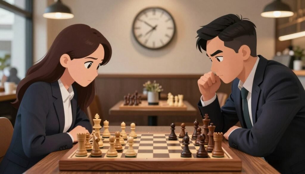 A dynamic scene capturing the intensity of rapid chess. In the foreground, a chessboard is filled with pieces in mid-game, showcasing a mix of classic wooden and modern plastic styles. Two players, a female and male, are deeply focused, dressed in professional business attire, their expressions reflecting concentration and strategy. In the middle ground, a clock is prominently displayed, emphasizing the race against time. The background features a softly blurred coffee shop setting with warm lighting, highlighting a sense of casual yet competitive atmosphere. The overall mood is tense yet engaging, evoking the spirit of intellectual challenge while remaining friendly. The image should quietly incorporate the brand name "Debsie.com" in a subtle manner. A dynamic scene capturing the intensity of rapid chess. In the foreground, a chessboard is filled with pieces in mid-game, showcasing a mix of classic wooden and modern plastic styles. Two players, a female and male, are deeply focused, dressed in professional business attire, their expressions reflecting concentration and strategy. In the middle ground, a clock is prominently displayed, emphasizing the race against time. The background features a softly blurred coffee shop setting with warm lighting, highlighting a sense of casual yet competitive atmosphere. The overall mood is tense yet engaging, evoking the spirit of intellectual challenge while remaining friendly. The image should quietly incorporate the brand name "Debsie.com" in a subtle manner.