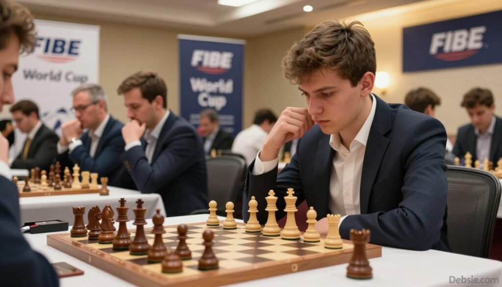 A dynamic scene capturing the intensity of the 2021 FIDE World Cup chess tournament. In the foreground, focus on a chessboard with classic wooden pieces in an ongoing match, emphasizing strategic play. Capture the essence of Jan-Krzysztof Duda, depicted as a young, professional player in a tailored suit, deeply focused on his game. In the middle ground, include a well-lit tournament hall filled with spectators, their expressions reflecting tension and excitement. The background features large banners showcasing the FIDE logo and the title "World Cup," softly illuminated with warm lighting, enhancing the atmosphere. Use a slightly elevated camera angle to create depth, showcasing the grandeur of the event, while ensuring a friendly and approachable feel. The overall mood should convey ambition and the thrill of competitive chess. Brand logo "Debsie.com" subtly integrated in the corner, ensuring a clean look with no text overlays.