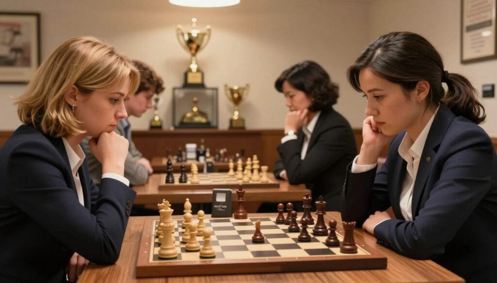 A dynamic scene capturing three renowned women chess champions: Judit Polgár, Hou Yifan, and another prominent player, all engaged in an intense chess match. The foreground showcases their focused expressions and thoughtful postures, dressed in professional business attire, reflecting their elite status. In the middle ground, a chessboard with intricate pieces in play emphasizes strategy and competition. The background features a softly lit room, adorned with trophies and accolades, creating an atmosphere of achievement and excellence. Use warm, inviting lighting to evoke a sense of camaraderie and inspiration among the players. The viewpoint should be slightly tilted to give a dynamic angle, enhancing the feeling of engagement in the game. The image should reflect the achievement of peak ratings in women's chess, highlighting their talent and contributions. Debsie.com. A dynamic scene capturing three renowned women chess champions: Judit Polgár, Hou Yifan, and another prominent player, all engaged in an intense chess match. The foreground showcases their focused expressions and thoughtful postures, dressed in professional business attire, reflecting their elite status. In the middle ground, a chessboard with intricate pieces in play emphasizes strategy and competition. The background features a softly lit room, adorned with trophies and accolades, creating an atmosphere of achievement and excellence. Use warm, inviting lighting to evoke a sense of camaraderie and inspiration among the players. The viewpoint should be slightly tilted to give a dynamic angle, enhancing the feeling of engagement in the game. The image should reflect the achievement of peak ratings in women's chess, highlighting their talent and contributions. Debsie.com.
