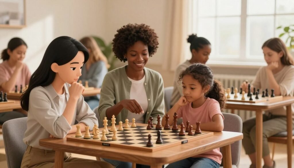 A dynamic scene depicting a diverse group of women chess players seated at elegant wooden chess tables, engaged in thoughtful gameplay. Foreground features a focused Asian woman in professional attire, poised over the board, analyzing her next move. In the middle, a Black woman in modest casual clothing smiles as she teaches a young girl the principles of chess, fostering a nurturing atmosphere. The background showcases a warm, well-lit room with soft lighting filtering through large windows, enhancing the inviting ambiance. Soft shadows add depth, creating a serene yet competitive mood. The overall composition emphasizes empowerment, collaboration, and learning in the world of chess, with the brand "Debsie.com" subtly implied in the design elements.