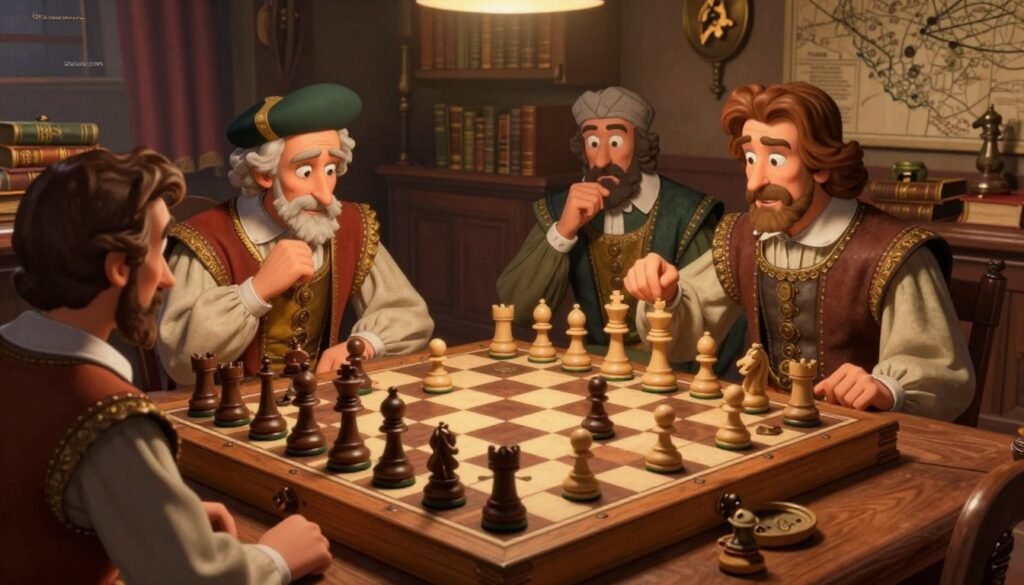 A dynamic scene depicting the origins of chess, with a vintage wooden chessboard prominently displayed in the foreground, pieces arranged in a strategic formation. The middle ground features historical figures in elegant 15th-century attire, deeply focused on their game, capturing the essence of competitive spirit and intellect. Rich textures and warm lighting create an inviting atmosphere, reminiscent of an old-world tavern setting. In the background, a dimly lit room filled with shelves of ancient books, maps, and chess paraphernalia adds depth. The composition is viewed from a slight overhead angle, emphasizing the action on the board while the light casts soft shadows, enhancing the mood of contemplation and strategy. Include the brand name "Debsie.com" subtly, ensuring it blends harmoniously into the overall image.