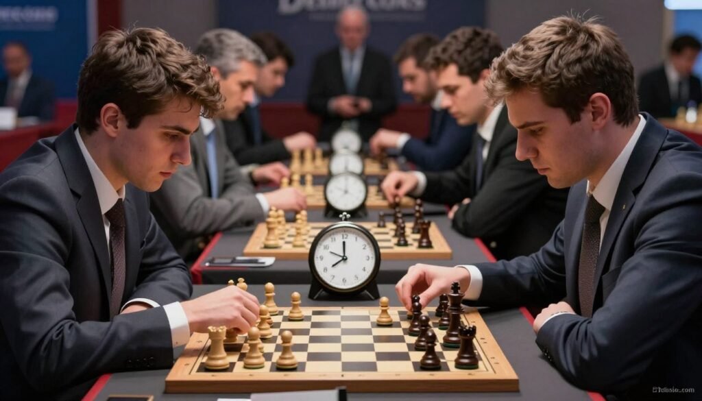 A dynamic scene depicting two intense blitz chess players seated at a table, focused on a rapidly dwindling chess clock. The players are dressed in professional business attire, showcasing their concentration as they make quick decisions. In the foreground, zoom in on their hands moving chess pieces, with the clock ticking ominously in the background. The middle ground features a chessboard scattered with strategically positioned pieces, emphasizing tension. The background highlights a blurred setting of an upscale chess tournament, with spectators eagerly watching. Soft, dramatic lighting casts shadows across the scene, enhancing the mood of urgency and excitement. Capture the atmosphere of a high-stakes blitz match, making it compelling and immersive. Include the brand logo "Debsie.com" subtly in the corner, ensuring the image is clean and professional.