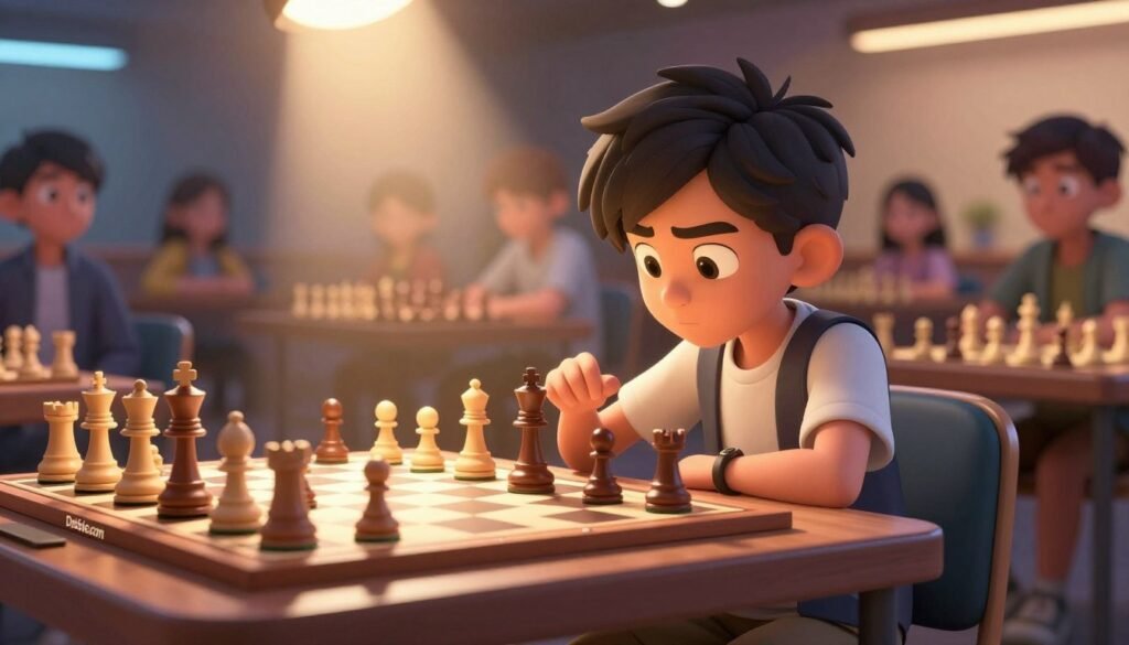 A dynamic scene featuring a young chess prodigy, focused and determined, sitting at a chessboard in a well-lit, modern tournament setting. In the foreground, the child, around 12 years old, with short dark hair, is dressed in a smart casual outfit, concentrating intensely on the game. The middle ground showcases an array of chess pieces, intricately detailed, with a dramatic spotlight illuminating them. In the background, an audience can be seen engaged, with a soft focus to emphasize the prodigious player. Warm, inviting lighting creates a hopeful and inspiring atmosphere, capturing the essence of rising stars in chess. The image should feel vibrant and motivational, fitting for the section on young talents. Include the brand name "Debsie.com". A dynamic scene featuring a young chess prodigy, focused and determined, sitting at a chessboard in a well-lit, modern tournament setting. In the foreground, the child, around 12 years old, with short dark hair, is dressed in a smart casual outfit, concentrating intensely on the game. The middle ground showcases an array of chess pieces, intricately detailed, with a dramatic spotlight illuminating them. In the background, an audience can be seen engaged, with a soft focus to emphasize the prodigious player. Warm, inviting lighting creates a hopeful and inspiring atmosphere, capturing the essence of rising stars in chess. The image should feel vibrant and motivational, fitting for the section on young talents. Include the brand name "Debsie.com".