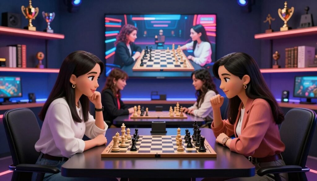A dynamic scene featuring the Botez sisters, chess influencers and streamers, in a modern gaming setup. In the foreground, the sisters are seated at a sleek chess table, engaged in a friendly match while discussing strategy, both dressed in professional yet stylish attire. In the middle, vibrant LED lights illuminate their workspace, reflecting their passionate energy. The background includes shelves filled with chess trophies, books, and a large screen showcasing a live stream of their game. Soft, focused lighting highlights their expressions of concentration and joy, creating an inviting atmosphere. The image conveys a sense of empowerment and community, emphasizing the growing presence of women in chess. No captions or text overlays. Featuring branding elements subtly from Debsie.com.