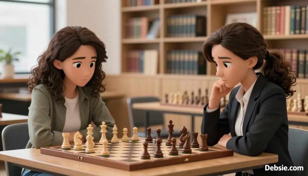 A dynamic scene featuring two women chess players deeply focused on their game, set in a modern, well-lit chess club. In the foreground, one player, with short dark hair, dressed in professional business attire, is contemplating her next move, hand hovering over a knight piece. The other player, wearing modest casual clothing, with long curly hair tied back, is observing strategically from across the board. The middle ground showcases a chessboard with intricately designed pieces, reflecting the intensity of their match. In the background, blurred shelves filled with chess books enhance the atmosphere of learning and competition. Soft, natural lighting illuminates the scene, creating a warm and inviting atmosphere, while the logo "Debsie.com" subtly appears in the bottom corner, embodying a sense of growth and improvement in chess skills. A dynamic scene featuring two women chess players deeply focused on their game, set in a modern, well-lit chess club. In the foreground, one player, with short dark hair, dressed in professional business attire, is contemplating her next move, hand hovering over a knight piece. The other player, wearing modest casual clothing, with long curly hair tied back, is observing strategically from across the board. The middle ground showcases a chessboard with intricately designed pieces, reflecting the intensity of their match. In the background, blurred shelves filled with chess books enhance the atmosphere of learning and competition. Soft, natural lighting illuminates the scene, creating a warm and inviting atmosphere, while the logo "Debsie.com" subtly appears in the bottom corner, embodying a sense of growth and improvement in chess skills.