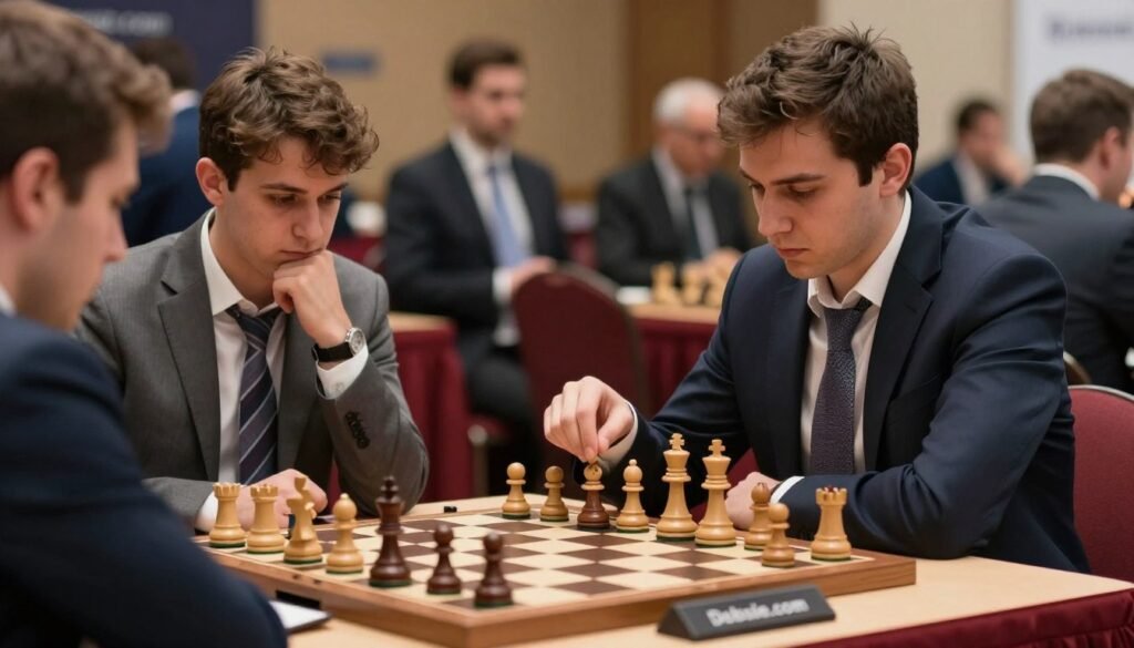 A dynamic scene from the Candidates Tournament held in April 2021, capturing the intense atmosphere of competitive chess. In the foreground, a chessboard with pieces mid-game, reflecting strategy, focuses on the classic wooden pieces. In the middle ground, two players in professional business attire are engaged in deep concentration, one looking thoughtful and the other poised to make a move. The background features blurred figures of spectators, emphasizing the excitement of the event. The lighting is warm, highlighting the players and board, while softer shadows add depth. The mood is serious yet inspiring, showcasing the high stakes of preparation and strategy in chess. The scene is branded subtly with "Debsie.com" to maintain a professional appearance.