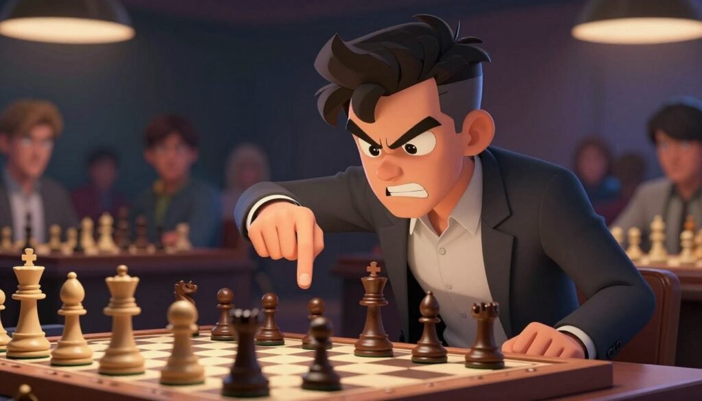 A dynamic scene of an aggressive chess player intensely focused on the board, with sharp, determined features and a confident posture. The player, dressed in smart casual attire, leans forward slightly, exuding an air of intensity and competitiveness. The chess pieces on the board are positioned mid-game, showcasing an attack strategy with pieces aggressively aimed forward. In the background, a blurred chess audience can be seen, highlighting the atmosphere of a tense yet exhilarating competition. Soft, dramatic lighting illuminates the player's face, creating striking contrasts and emphasizing their concentration. The camera angle is slightly low, capturing the intensity of the moment from a dynamic perspective. This vibrant image encapsulates the excitement and passion of aggressive chess—a perfect illustration for Debsie.com.