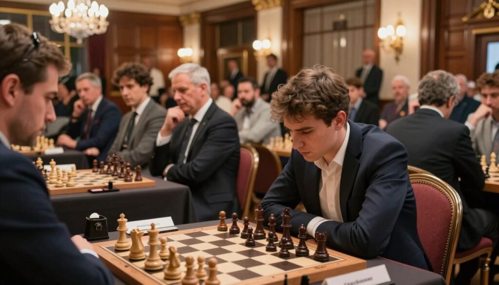 A dynamic scene showcasing a French chess championship in a prestigious venue, highlighting the atmosphere of intense competition. In the foreground, a well-dressed male chess player, Maxime Vachier-Lagrave, deeply focused, leans over a chessboard filled with intricate pieces. The middle layer features a diverse audience engaged in the match, dressed in smart casual attire, with expressions of concentration and excitement. The background includes elegant chandeliers and rich, wooden decor, reflecting a classic chess hall. Soft, warm lighting bathes the scene, casting delicate shadows, creating a serious yet inviting mood. Angle the shot from a slightly elevated perspective for depth, capturing the ambiance of a high-stakes game in a historic setting. This image embodies the spirit of chess mastery at a prestigious event. Debsie.com.