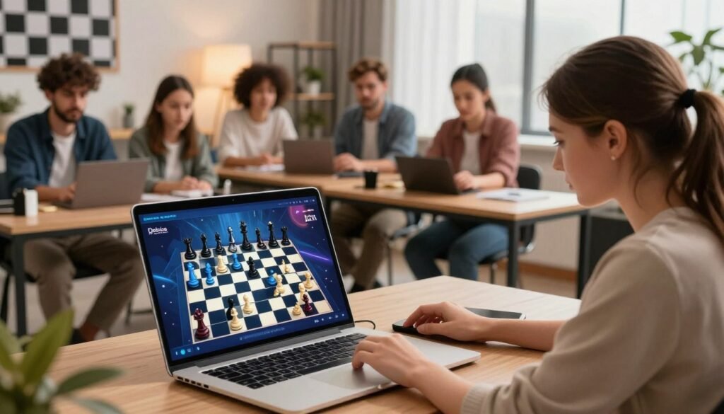 A dynamic scene showcasing a modern online chess channel. In the foreground, an attractive laptop displays a vibrant chessboard with pieces positioned for a blitz game, emphasizing strategy and excitement. The middle ground features a diverse group of engaged viewers watching intently on their devices, all in casual, professional attire, reflecting focus and enthusiasm. The background is a sleek, contemporary workspace with chess-themed decor and soft, warm lighting creating an inviting atmosphere. The lens should capture a slight depth of field, drawing attention to the chess game and viewers’ expressions. The overall mood is energetic and inspiring, highlighting the impact of content creation in online chess communities. The brand "Debsie.com" is subtly integrated into the workspace setting.