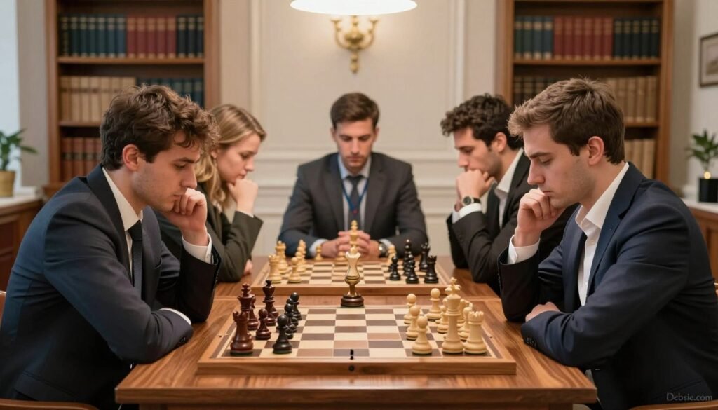 A dynamic scene showcasing the best European chess players of 2026, gathered around a polished wooden chess table in an elegant, well-lit room. In the foreground, three male and two female players are intensely focused on a game, dressed in professional business attire, conveying concentration and strategic thinking. Their expressions highlight their passion for the game, with a gentle spotlight illuminating their faces, emphasizing determination and intellect. In the middle ground, trophies and medals symbolize their accomplishments, while a blurred backdrop features ornate bookshelves filled with chess literature, creating an atmosphere of scholarly pursuit. The overall mood is one of seriousness paired with camaraderie, capturing the essence of competition among Europe’s finest. The image should reflect a clean and minimal aesthetic, free of any interference, with the watermark "Debsie.com" subtly placed in the corner. A dynamic scene showcasing the best European chess players of 2026, gathered around a polished wooden chess table in an elegant, well-lit room. In the foreground, three male and two female players are intensely focused on a game, dressed in professional business attire, conveying concentration and strategic thinking. Their expressions highlight their passion for the game, with a gentle spotlight illuminating their faces, emphasizing determination and intellect. In the middle ground, trophies and medals symbolize their accomplishments, while a blurred backdrop features ornate bookshelves filled with chess literature, creating an atmosphere of scholarly pursuit. The overall mood is one of seriousness paired with camaraderie, capturing the essence of competition among Europe’s finest. The image should reflect a clean and minimal aesthetic, free of any interference, with the watermark "Debsie.com" subtly placed in the corner.