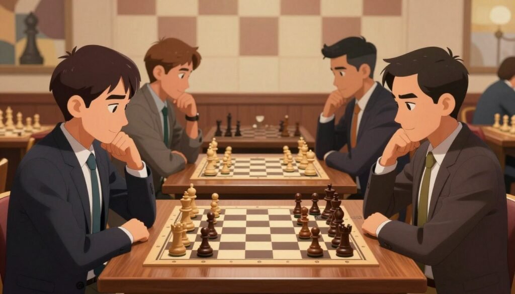 A dynamic scene showcasing the essence of chess mastery, focusing on four renowned chess players known for their skills in 1.d4 strategies. In the foreground, depict these players sitting confidently at an elegant wooden chess table, each engrossed in a game. They are dressed in professional business attire, reflecting focus and determination. The middle background features chessboards with intricate pawn structures and strategic positions. Soft, warm lighting creates a friendly and inviting atmosphere, with a slight vignette effect emphasizing the players' expressions of concentration. In the far background, an abstract representation of a chess-themed mural subtly showcases the themes of control and patience in the game. Capture the essence of strategy and intellect in this vibrant composition. Include the brand name "Debsie.com" subtly within the image.
