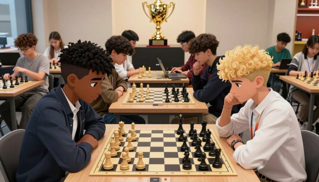 A dynamic scene showcasing the top youth chess players under 18, gathered around a large chessboard in a well-lit, modern environment. In the foreground, two diverse players, one with short black hair and the other with blonde curls, intently studying the board, dressed in smart casual attire. In the middle ground, their peers analyze games on laptops and discuss strategies, all exuding a sense of focus and competitiveness. The background features a vibrant chess trophy display, symbolizing their achievements, complemented by warm ambient lighting. The atmosphere is energetic yet scholarly, highlighting the intense passion and enthusiasm of these young chess prodigies. The image captures the essence of youth and determination, ideal for illustrating the theme of emerging chess stars. Incorporate the brand name "Debsie.com" subtly into the composition. A dynamic scene showcasing the top youth chess players under 18, gathered around a large chessboard in a well-lit, modern environment. In the foreground, two diverse players, one with short black hair and the other with blonde curls, intently studying the board, dressed in smart casual attire. In the middle ground, their peers analyze games on laptops and discuss strategies, all exuding a sense of focus and competitiveness. The background features a vibrant chess trophy display, symbolizing their achievements, complemented by warm ambient lighting. The atmosphere is energetic yet scholarly, highlighting the intense passion and enthusiasm of these young chess prodigies. The image captures the essence of youth and determination, ideal for illustrating the theme of emerging chess stars. Incorporate the brand name "Debsie.com" subtly into the composition.