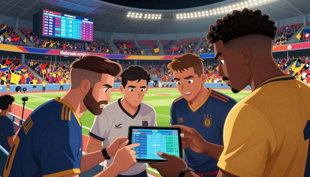 A dynamic sports scene capturing the essence of "tiebreak control". In the foreground, a diverse group of three professional players in stylish sports gear strategizing over a digital tablet displaying complex statistics. Their expressions reflect determination and focus. The middle ground features a modern stadium filled with energetic fans, vibrant team colors filling the stands, and banners waving. In the background, a high-tech scoreboard displays real-time scores and tiebreak scenarios. The lighting is bright and engaging, emulating the excitement of a live playoff atmosphere, with soft shadows creating depth. The camera angle is slightly elevated, offering a panoramic view that conveys the intensity of the moment. The overall mood is competitive yet optimistic, emphasizing teamwork and the thrill of the game. Debsie.com. A dynamic sports scene capturing the essence of "tiebreak control". In the foreground, a diverse group of three professional players in stylish sports gear strategizing over a digital tablet displaying complex statistics. Their expressions reflect determination and focus. The middle ground features a modern stadium filled with energetic fans, vibrant team colors filling the stands, and banners waving. In the background, a high-tech scoreboard displays real-time scores and tiebreak scenarios. The lighting is bright and engaging, emulating the excitement of a live playoff atmosphere, with soft shadows creating depth. The camera angle is slightly elevated, offering a panoramic view that conveys the intensity of the moment. The overall mood is competitive yet optimistic, emphasizing teamwork and the thrill of the game. Debsie.com.