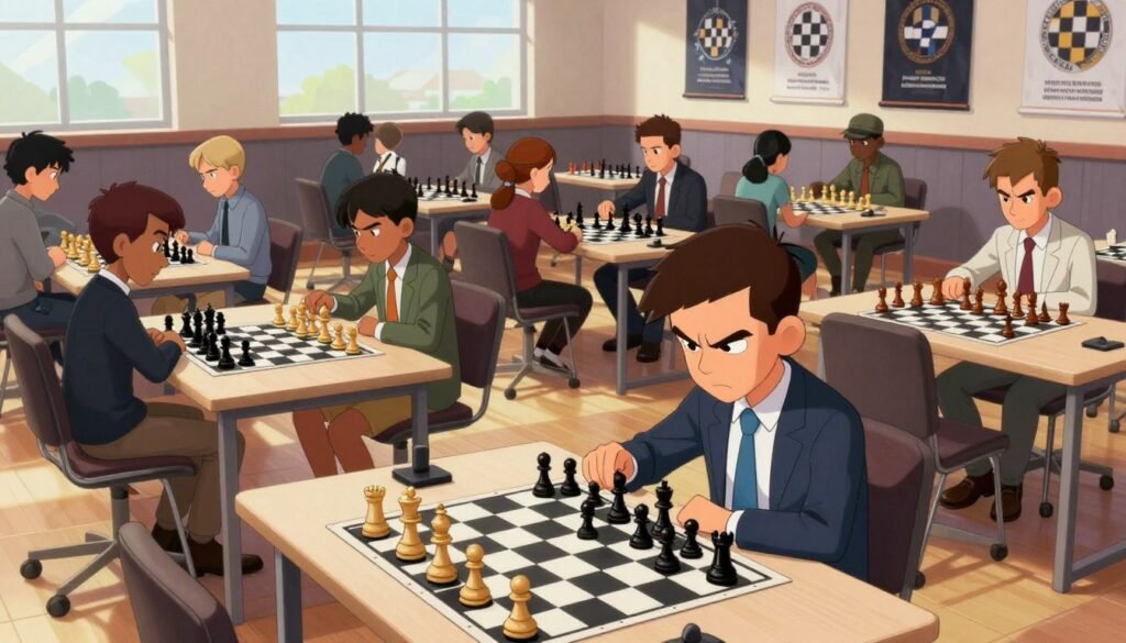 A dynamic tournament scene set in a grand chess hall, showcasing several tables arranged in neat rows, each occupied by focused competitors. In the foreground, a young male player in smart business attire emphasizes intensity as he studies his board, his brow furrowed in concentration. In the middle ground, diverse players of varying backgrounds are engaged in intense matches, with chess pieces poised mid-move, reflecting the strategic nature of the game. The background features banners displaying chess tournament logos, with large windows letting in natural light, casting gentle shadows across the polished floor. The overall mood is electric and competitive, highlighting the journey from teenage prodigy to champion, embodying the spirit of chess excellence. Captured in a wide-angle lens to emphasize the scale and atmosphere of intellectual rivalry. Deborah.com