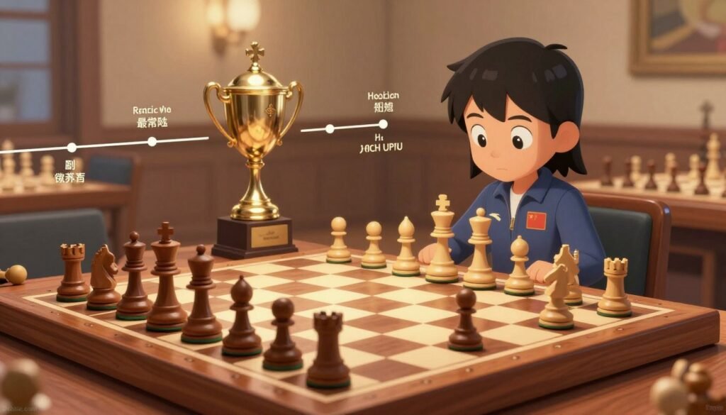A dynamic visual representation of chess milestones featuring a polished wooden chessboard in the foreground, showcasing a game in progress with elegant wooden pieces strategically positioned. In the middle ground, a trophy gleams, symbolizing achievements, surrounded by timeline markers highlighting significant milestones in chess history and Hou Yifan's career. The background displays a soft-focus chess hall, with gentle warm lighting creating an inviting atmosphere, casting soft shadows across the board. The overall mood is inspiring and celebratory, reflecting the essence of dedication and skill in chess. The scene is captured with a slightly elevated angle, allowing a wide view that emphasizes both the chessboard and trophy. Rendered in a photorealistic style, the image conveys professionalism and admiration for the game. Branding subtly includes "Debsie.com" in the bottom corner.